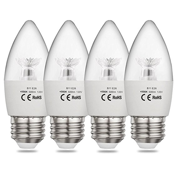 CPLA LED Candelabra Bulbs, 60W Equivalent 4000K Cool White LED Light Bulbs with Medium Screw Base (E26) Decorative Candle Light Bulbs for Ceiling Fan Chandelier, Pack of 4