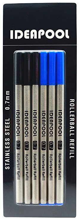 0.7mm Replaceable Rollerball Ink Refills Specially for IDEAPOOL Rosewood and Bamboo Ballpoint Pens, 6 Pack (3 Blue/3 Black)