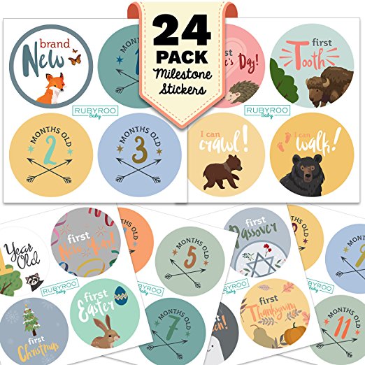 Monthly Baby Stickers - Huge 24 Pack of Baby Boy Onesie Belly Stickers. Includes 12 months, 1st year milestones & first holidays. Perfect baby shower & newborn birthday gift. (Woodland)