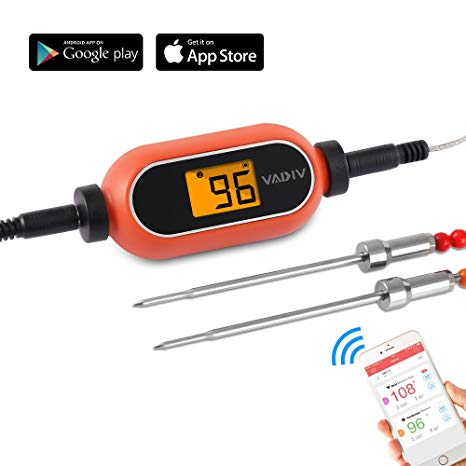 VADIV BBQ Meat Thermometer Wireless APPs(Android&iOS) Remote Controlled Cooking Food Gauge with 2 Stainless Steel Probes for Barbecue Smoker Grilling Oven(℃/℉)
