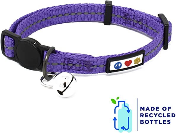 Pawtitas Recycled Reflective Cat Collar with safety quick release buckle and removable cat Bell | Adjustable kitten breakaway cat collar Made from Plastic Bottles Collected from Oceans - Purple Quartz