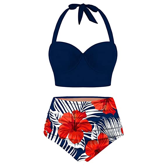 2020 Women Padded Push Up Bikini Set Floral Halter High Waisted Two Piece Beachewear Swimsuit Bathing Suit S-5XL