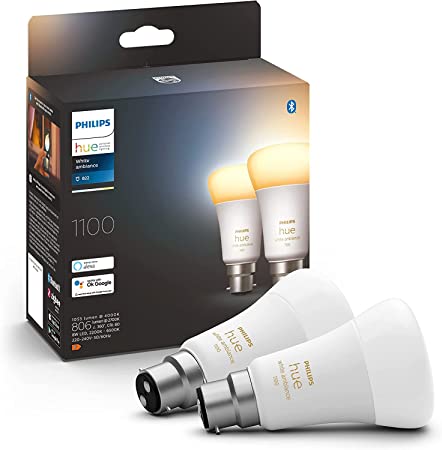 Philips Hue White Ambiance Smart Bulb Twin Pack LED [B22 Bayonet Cap] - 1100 Lumens (75W Equivalent). Works with Alexa, Google Assistant and Apple Homekit