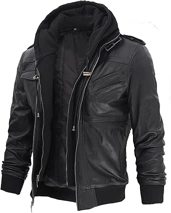 fjackets Real Leather Bomber Jacket - Motorcycle Casual Stand Collar Jackets with Removable Hood