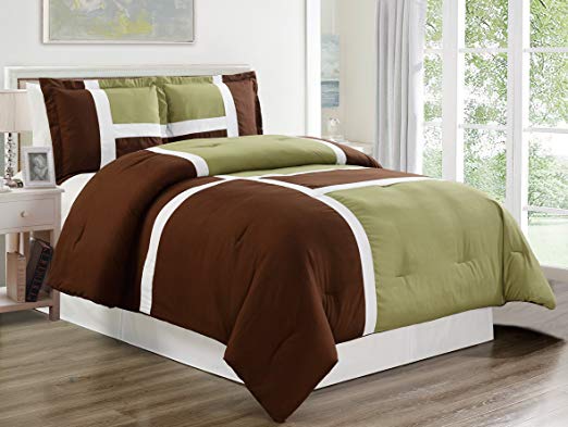 3 piece SAGE GREEN / BROWN / WHITE Goose Down Alternative Color Panel Oversize Comforter Set , CAL KING size Microfiber bedding, Includes 1 Oversize Comforter and 2 Shams