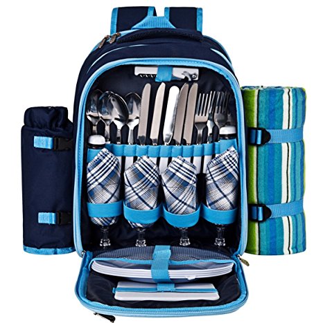 Ferlin Picnic Backpack for 4 With Cooler Compartment, Detachable Bottle/Wine Holder, Fleece Blanket, Plates and Cutlery Set (Blue)