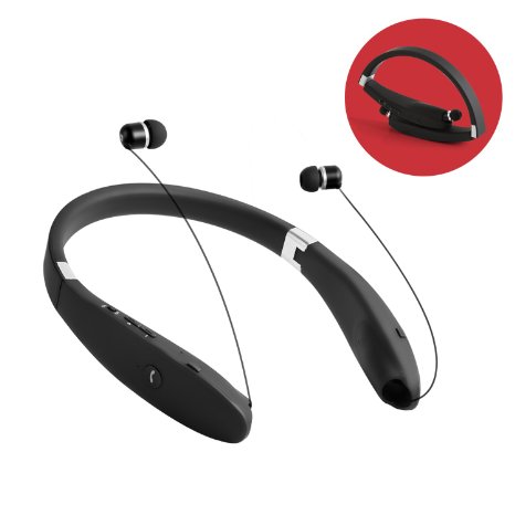 Bluetooth Headset Grandbeing V41 Bluetooth Headphones Wireless Stereo Foldable Neckband Earphones with Retractable Earbuds for iPhone Samsung HTC Smartphones Black