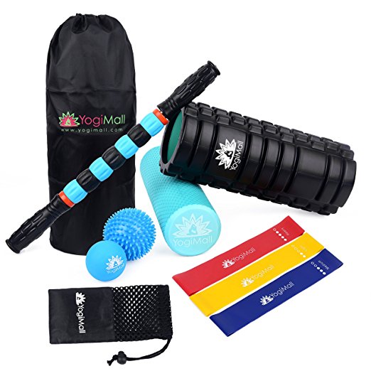 YogiMall All-In-One Massage & Fitness 10 Piece Mobility Kit – Dual Foam Rollers, Massage Stick, Lacrosse, Spiky Ball, 3 Resistance Loop Bands & Bag OR 2-in-1 Foam Roller Set for Total Body Massage