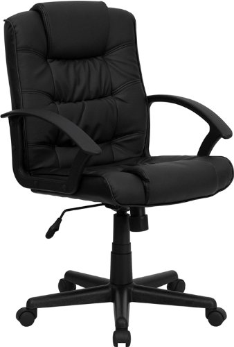 Mid-Back Black Leather Swivel Task Chair with Arms