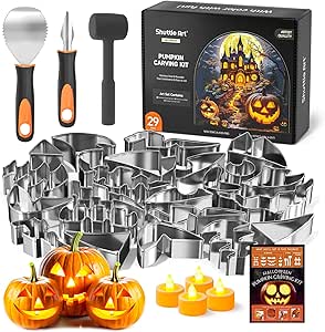 Shuttle Art 29PCS Halloween Pumpkin Carving Kit, 22 PCS Stainless Steel Pumpkin Carving Stencils with 4 Electronic Candles & 3 Carving Tools, Easy Safe Fun and Durable for Kids Adults Pumpkin Carving