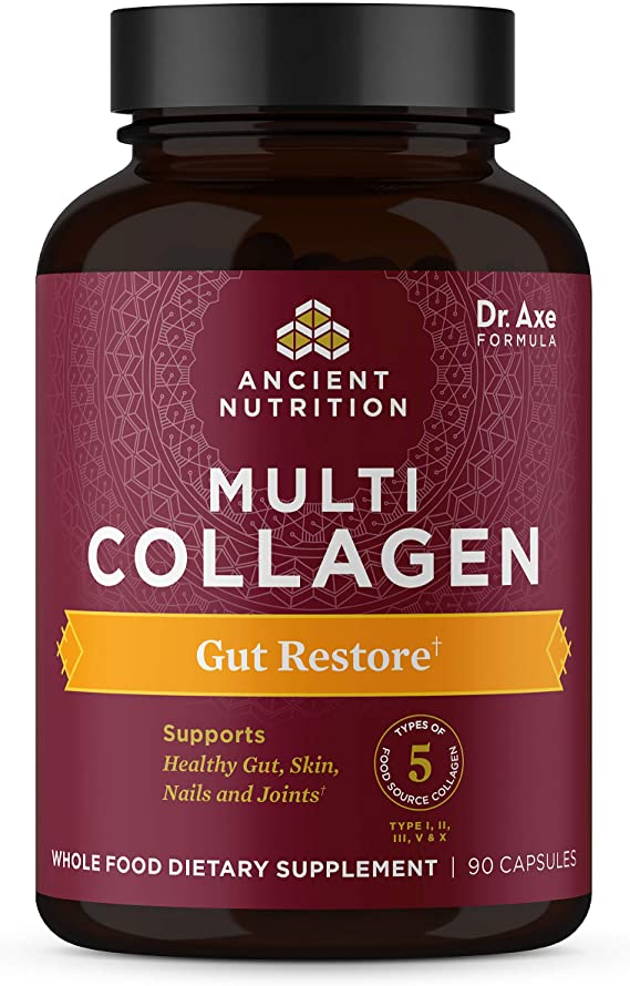 Multi Collagen Protein Capsules, Gut Restore, Collagen Pills with Probiotics Formulated by Dr. Josh Axe, 5 Types of Food Sourced Collagen, Supports Gut, Joints, Hair & Nails, 90 Count - 30 Servings