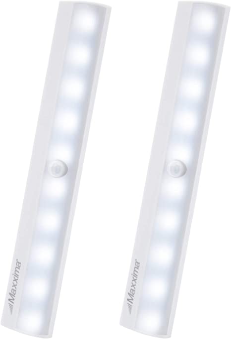 Maxxima Motion Sensor Under Cabinet LED Light, Dusk to Dawn Sensor, 40 Lumens, Battery Powered Cool White Closet Light (2 Pack)