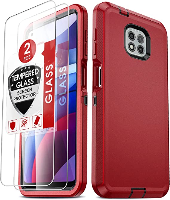 Motorola G Power 2021 Case, Moto G Power 2021 Case with [2 Pack] Tempered Glass Screen Protector, LeYi 3 in 1 Full Body Shockproof Rubber Dustproof Defender Protection Case Moto G Power 2021, Red