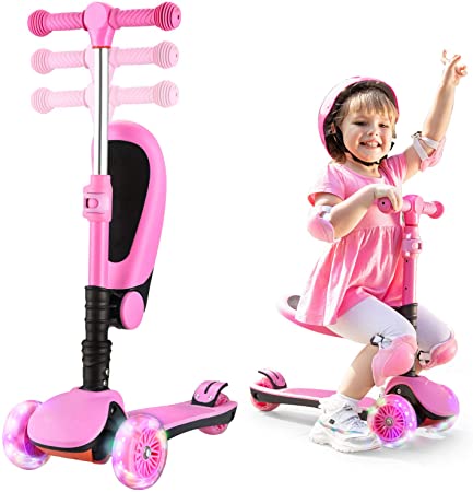 AOODIL Toddler Scooter, Scooter for Kids Ages 2-12， 2-in-1 Adjustable Height Folding Kick Scooter for Boys&Girls with 3 Wheel and LEDs Light Up Wheels