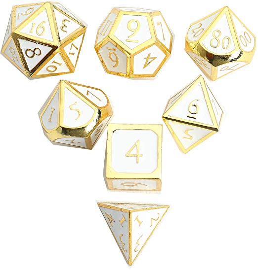 DND Polyhedral Metal Game Dice Gold White 7pc Set Dungeons Dragons DND RPG MTG Table Games D4 D6 D8 D10 D12 D20