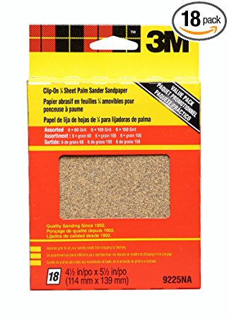 3M 9225NA 4.5-Inch by 5.5-Inch Clip-On Palm Sander Sheets, Asst. Grit, 18-pack