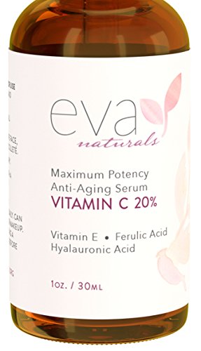 Eva Naturals Vitamin C Serum 20% for Face, Anti-Aging Formulation with Ferulic & Hyaluronic Acid, Vitamin E (1 oz)