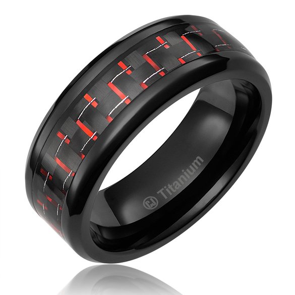 8MM Men's Titanium Ring Wedding Band Black Plated with Black and Red Carbon Fiber Inlay and Beveled Edges