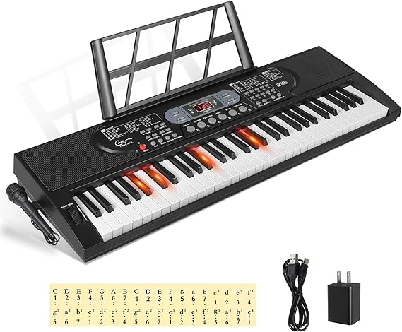Hricane Keyboard Piano Lighted Keys for Beginner Adults Teens Kids, 61 Key Electronic Music Keyboard with Teaching Modes Powered by USB or Battery with LCD Display Microphone Headphone Jack Black