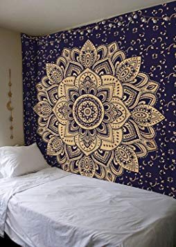 Labhanshi Exclusive Orignal Blue Gold Ombre Tapestry by, Mandala Tapestry, Queen Indian Mandala Wall Art Hippie Wall Hanging Bohemian Bedspread