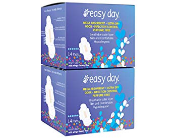 EasyDay Overnight/Heavy Flow Sanitary Pads for Women, with Wings, Unscented, Hypoallergenic, Mega Absorbent, Odour & Infection Control, Individually Wrapped, Ultra Thin - 28 Count Pack