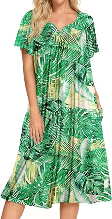 Bloggerlove House Dresses for Women with Pockets Mumu Duster Housecoat Short Sleeve Patio Dress S-XXL