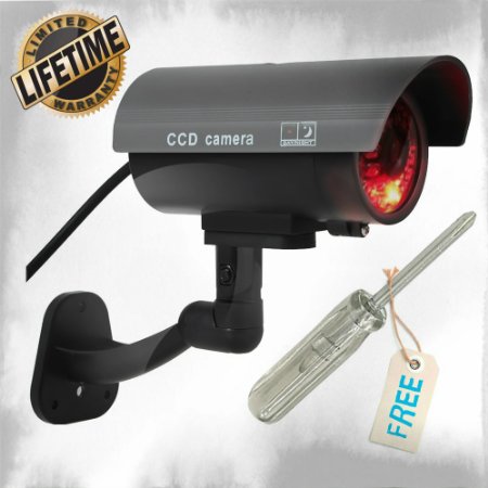 Fake Camera Dummy Security Black Metal Look CCTV wRealistic Simulated LEDs Blinking Red Light For Night Waterproof Outdoor and Indoor Best Surveillance Choice at Home Shops Business Life Warranty