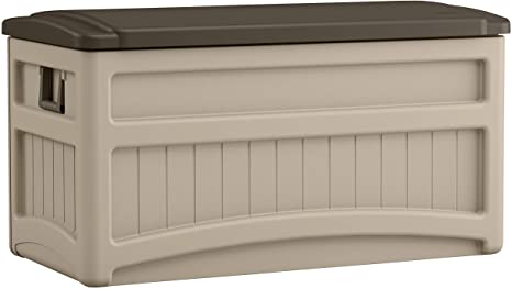 Suncast 73-Gallon Medium Deck Box - Lightweight Resin Indoor/Outdoor Storage Container and Seat for Patio Cushions and Gardening Tools - Store Items on Patio, Garage, Yard - Taupe