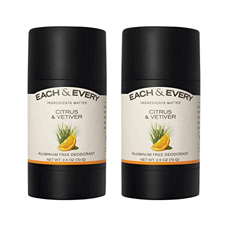 Each & Every 2-Pack Natural Aluminum-Free Deodorant for Sensitive Skin with Essential Oils, Plant-Based Packaging, Citrus & Vetiver, 2.5 Oz.