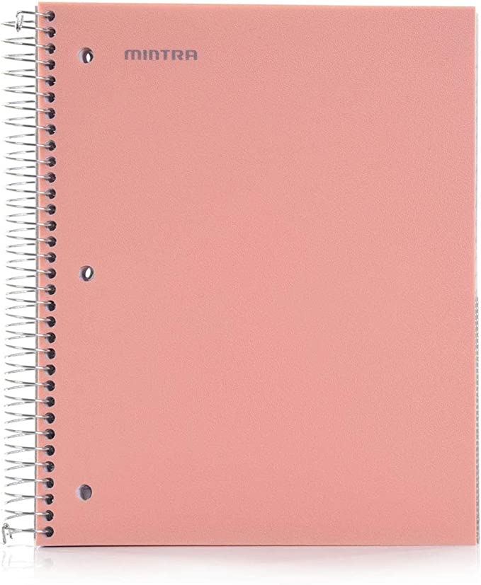 Mintra Office Durable Spiral Notebooks, 5 Subject, (Salmon, Wide Ruled 1pk), - 200 Sheets, 5 Poly Pockets, Moisture Resistant Cover, School, Office, Business, Professional