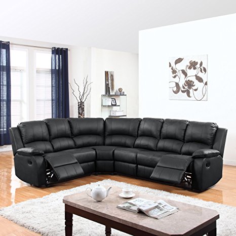 Large Classic and Traditional Bonded Leather Reclining Corner Sectional Sofa (Black)