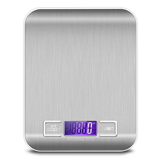 Digital Kitchen Scale, Food Scale Weighing and Measuring Scale Multi functional Volume Measurement Gram Scale 11lb 5kg Silver Stainless Steel (Batteries Included)