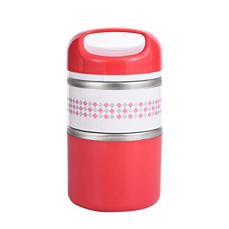 2 Layers Stainless Steel Lunch Containers with Handle, Insulated Lunch Box Stay Hot 3-4h, Leak-proof Food Containers for Adults, Teens, Work, School - 42 oz, Red