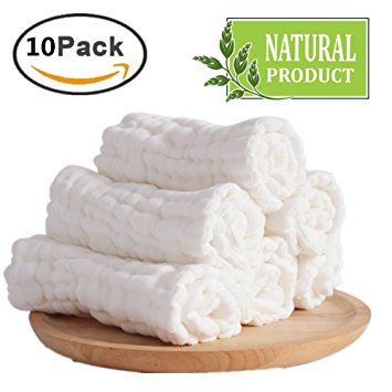 Baby Muslin Washcloths- Natural Organic Cotton Baby Wipes - Soft Newborn Baby Face Towel for Sensitive Skin- Baby Registry as Shower Gift, 10 Pack 10x10 inches By Mukin (White)