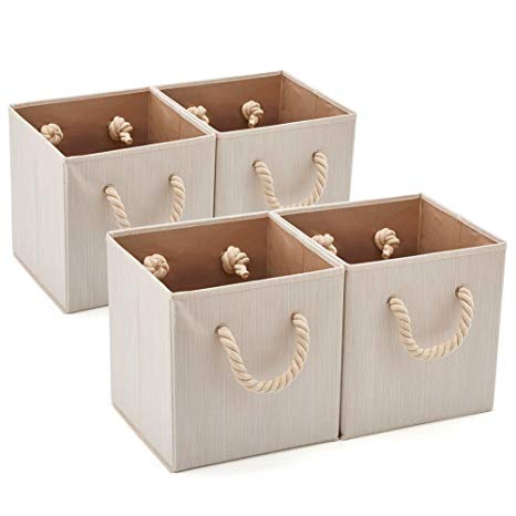 Set of 4 EZOWare Foldable Bamboo Fabric Storage Bins with Cotton Rope Handle, Collapsible Resistant Basket Box Organizer for Shelves, Closet, and More – (10.5 x 10.5 x11 inch) (Beige)