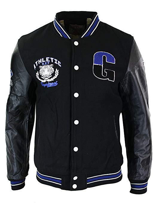 Oxking Ox King Mens Baseball Varsity Letterman College Fleece Jacket Badge PU Leather Sleeves