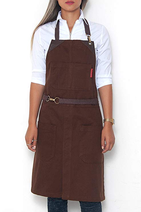 Under NY Sky No-Tie Chocolate Brown Apron - Durable Twill with Leather Reinforcement and Split-Leg - Adjustable for Men and Women - Pro Barber, Tattoo, Barista, Bartender, Baker, Hair Stylist, Server