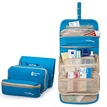 Portable Travel Makeup Cosmetic Bag - LiEcho Separable Waterproof Haning Travel Kit Toiletry Bag Bathroom Organizer Carry On Case (Sky Blue)