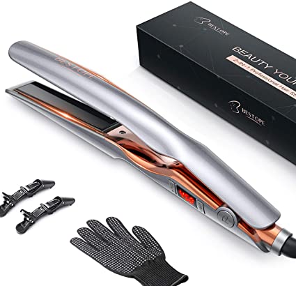 BESTOPE Hair Straightener and Curler 2 in 1,Professional Ceramic Flat Iron Hair Iron with Adjustable Temp LCD 265°F-450°F,Anti-Frizz, Instant Heat Up,Detachable Cord,Dual Voltage,Auto Off,1 Inch(Grey)