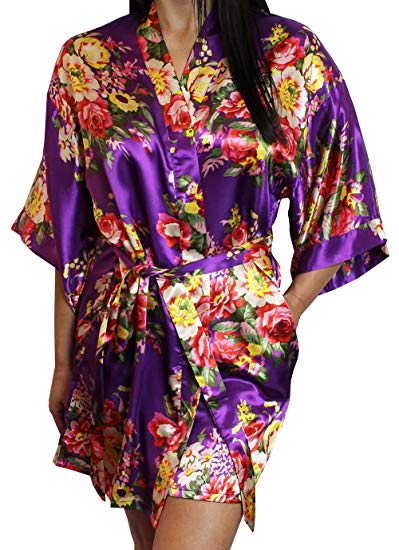 Ms Lovely Women's Floral Satin Kimono Short Bridesmaid Robe with Pockets - Silky Touch