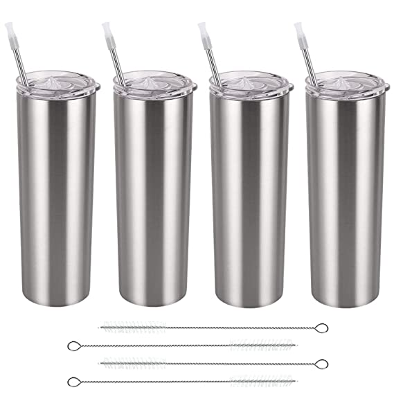 Stainless Steel Skinny Tumbler Set, Insulated Travel Tumbler with Closed Lid Straw, Skinny Insulated Tumbler, 20 Oz Slim Water Tumbler Cup for Coffee Water Hot Cold Drinks, Set of 4, Silver