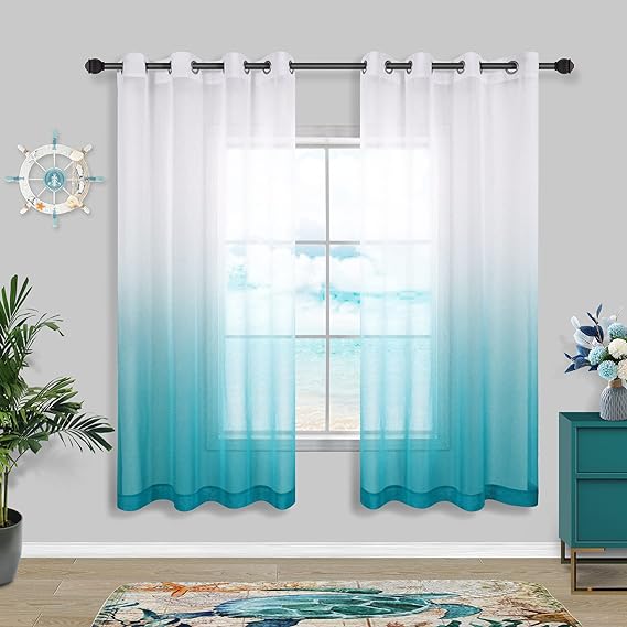 KOUFALL Teal/Turquoise Curtains 63 Inch Length for Bedroom 2 Panels Grommet Window Beach Decor Sheer Ombre Ocean Coastal Curtains for Girls Room Living Room,Sea Teal and White