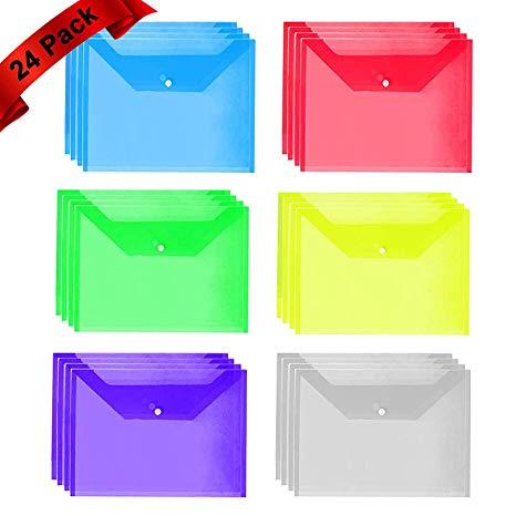 Origa Clear Document Folder with snap Button, Premium Quality Poly Envelope, US Letter / A4 Size, Set of 24 in 6 Assorted Colors, Red Yellow Blue Green Clear Purple
