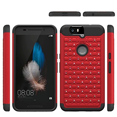 Nexus 6P Case - Shock Absorption Osurce Hybrid Studded Diamond Bling Case Cover For Huawei Nexus 6P - Protective Rubberized Bumper Edges Case with Extra Protection for Nexus 6P (Black   Red)