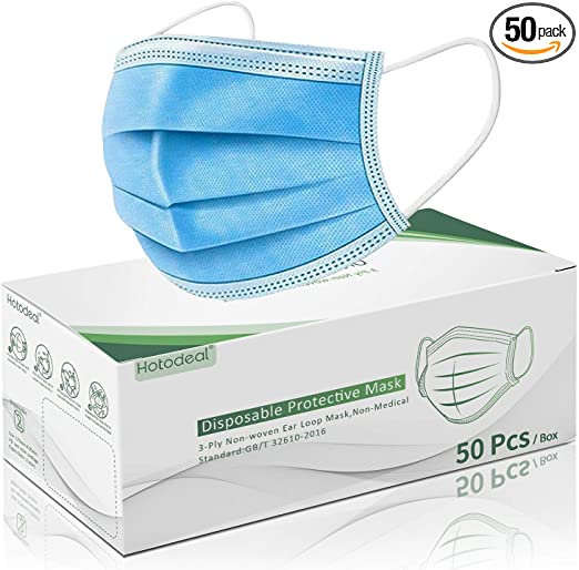 Disposable Face Mask 3 Ply Earloop Protective Blue Masks with Nose Clip Mouth Cover for Dust Air Pollution Protection Indoor and Outdoor Use 50 Pcs