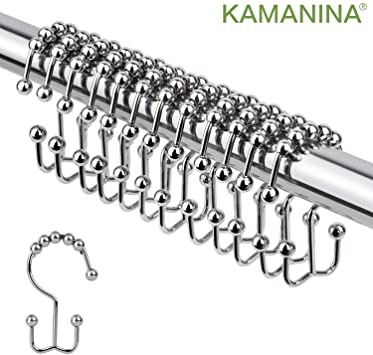 KAMANINA Shower Curtain Hooks, Metal Double Glide Roller Shower Curtain Rings for Bathroom, Polished Chrome, Set of 12
