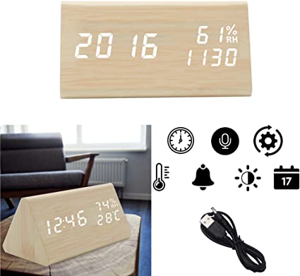 OFLILAK Faux Wooden Alarm Clock, Digital Alarm Clock with 3 Levels Adjustable Brightness and Sound Control, Display Time Temperature Humidity for Bedroom Office (Bamboo)