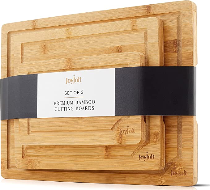 JoyJolt Bamboo Cutting Board Set, Wooden Cutting Boards for Kitchen. Large and Small Wooden Cutting Board Set; Serving Cheese Board, Bread Board or Chopping Board Set. Non Slip Wood Cutting Board Set