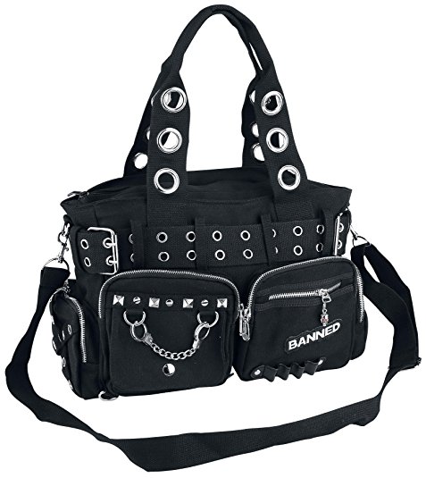Banned Apparel Handcuff Black Canvas Silver Studded Vegan Gothic Handbag Purse