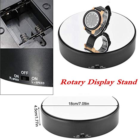 Motorized Turntable Display, Mirror Surface 360° Rotary Display Stand Adjustable Rotating Speed Turntable Jewelry Holder, Battery Operated, for Display Jewelry, watch, Digital Product, Bag and More